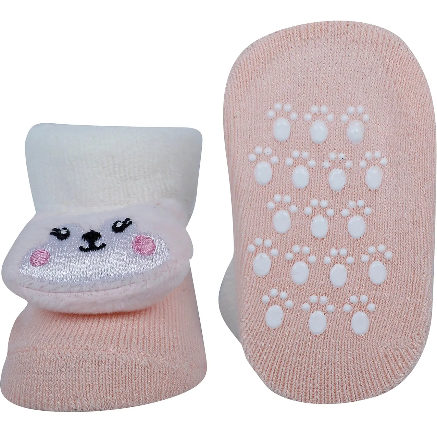 Baby Moo Kitty And Cow 3D Rattle Anti-Skid Socks Booties Pack of 2 - Peach, Green