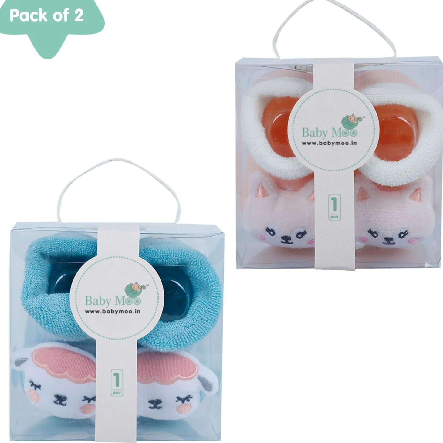 Baby Moo Kitty And Cow 3D Rattle Anti-Skid Socks Booties Pack of 2 - Peach, Green