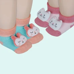 Baby Moo Kitty And Rabbit 3D Rattle Anti-Skid Socks Booties Pack of 2 - Pink, Orange