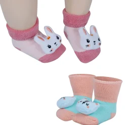 Baby Moo Kitty And Rabbit 3D Rattle Anti-Skid Socks Booties Pack of 2 - Orange, Pink