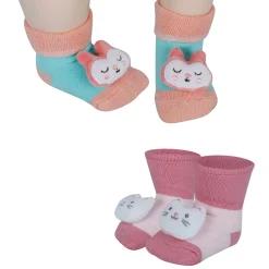 Baby Moo Kitty And Rabbit 3D Rattle Anti-Skid Socks Booties Pack of 2 - Pink, Orange