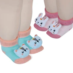 Baby Moo Kitty And Rabbit 3D Rattle Anti-Skid Socks Booties Pack of 2 - Orange, Pink