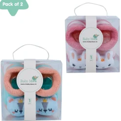 Baby Moo Kitty And Rabbit 3D Rattle Anti-Skid Socks Booties Pack of 2 - Orange, Pink