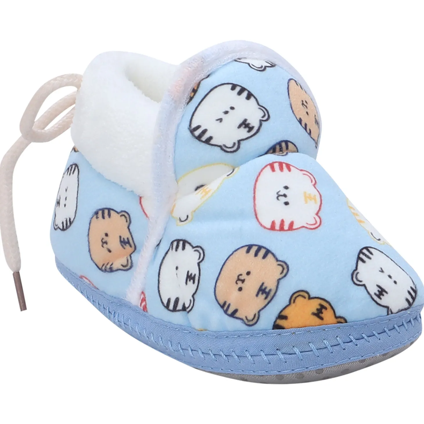 Baby Moo Kitty Face Printed Soft Slip-On Anti-Skid Plush Warm Booties - Blue