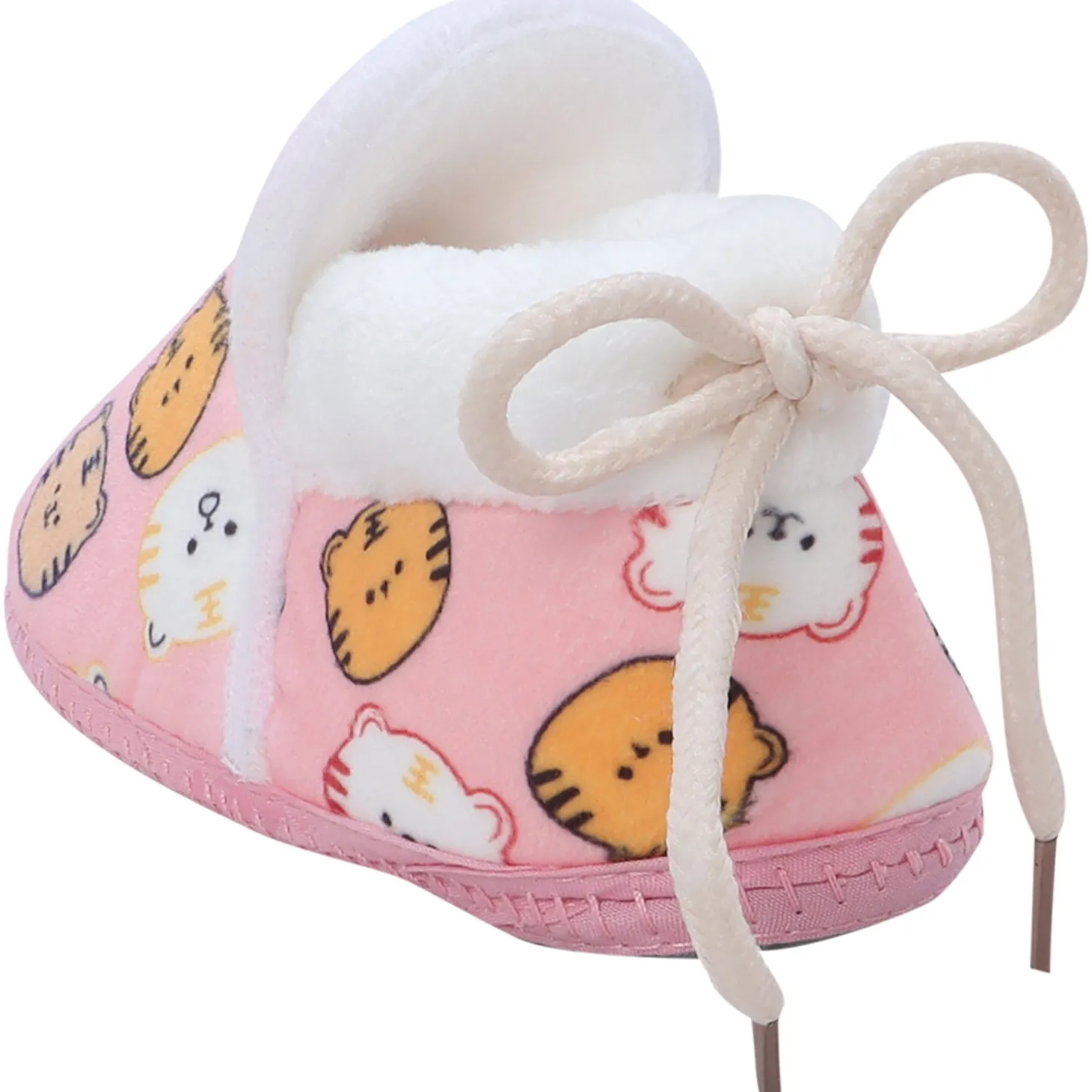 Baby Moo Kitty Face Printed Soft Slip-On Anti-Skid Plush Warm Booties - Pink