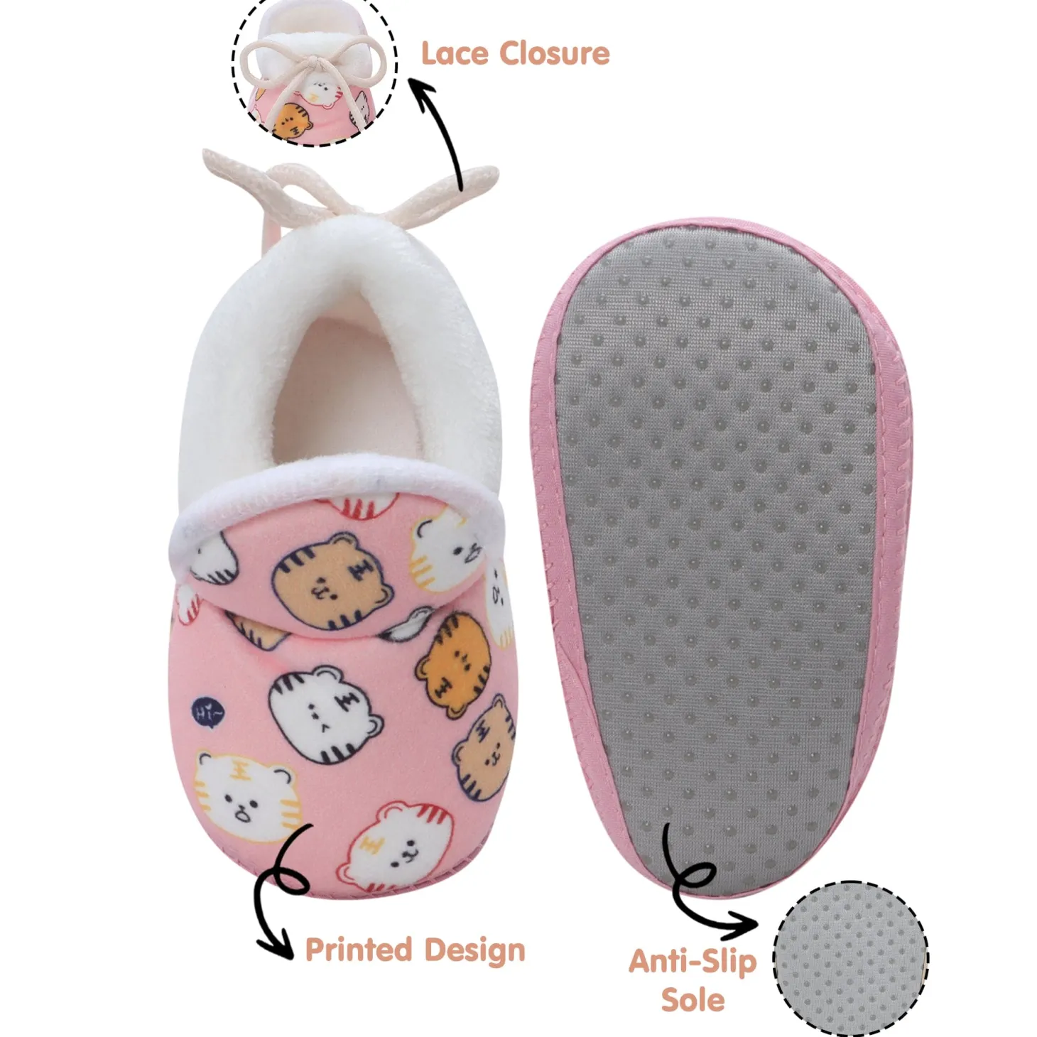 Baby Moo Kitty Face Printed Soft Slip-On Anti-Skid Plush Warm Booties - Pink