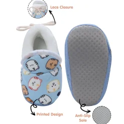Baby Moo Kitty Face Printed Soft Slip-On Anti-Skid Plush Warm Booties - Blue