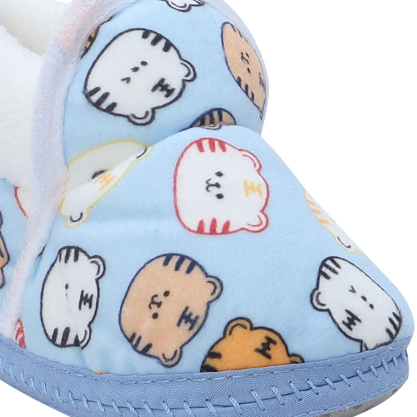 Baby Moo Kitty Face Printed Soft Slip-On Anti-Skid Plush Warm Booties - Blue