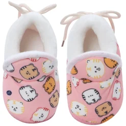 Baby Moo Kitty Face Printed Soft Slip-On Anti-Skid Plush Warm Booties - Pink