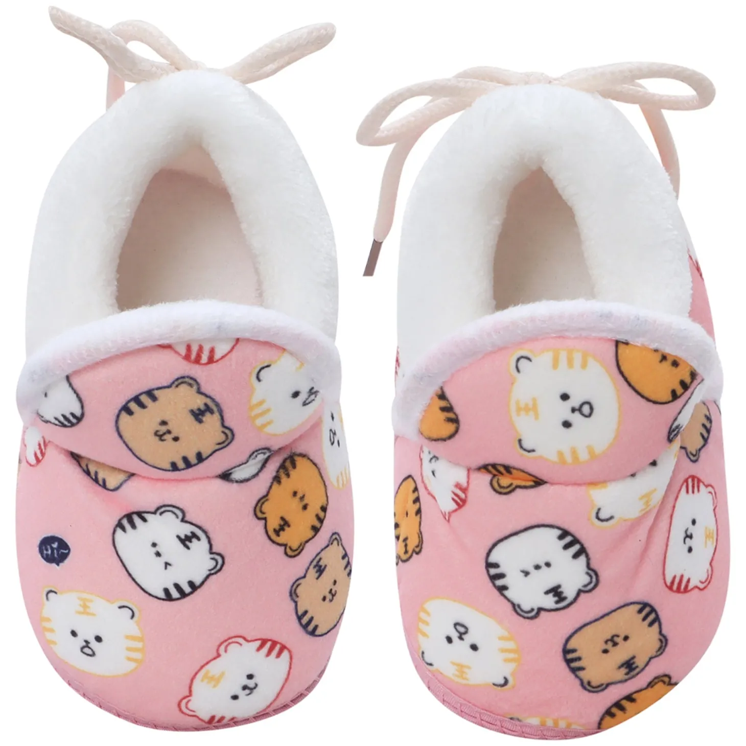 Baby Moo Kitty Face Printed Soft Slip-On Anti-Skid Plush Warm Booties - Pink