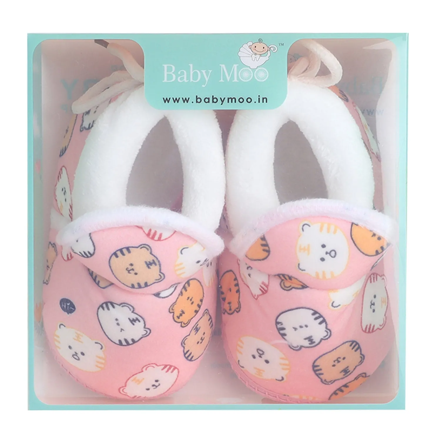 Baby Moo Kitty Face Printed Soft Slip-On Anti-Skid Plush Warm Booties - Pink