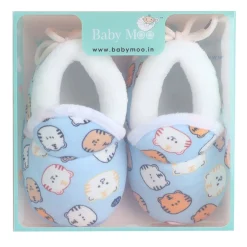 Baby Moo Kitty Face Printed Soft Slip-On Anti-Skid Plush Warm Booties - Blue