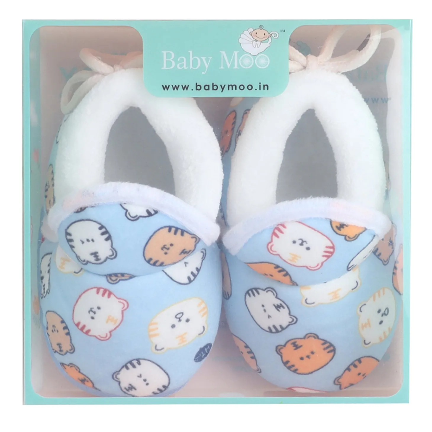 Baby Moo Kitty Face Printed Soft Slip-On Anti-Skid Plush Warm Booties - Blue