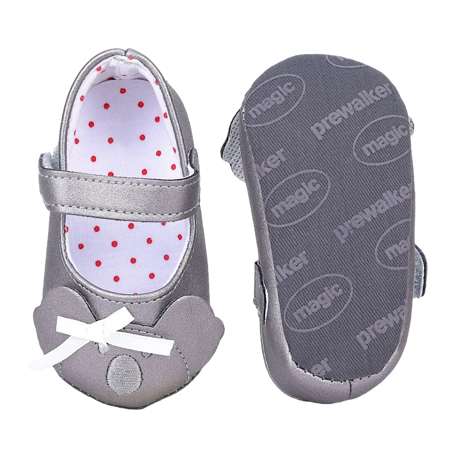 Baby Moo Koala Bow Applique Velcro Strap Anti-Skid Ballerina Booties - Grey