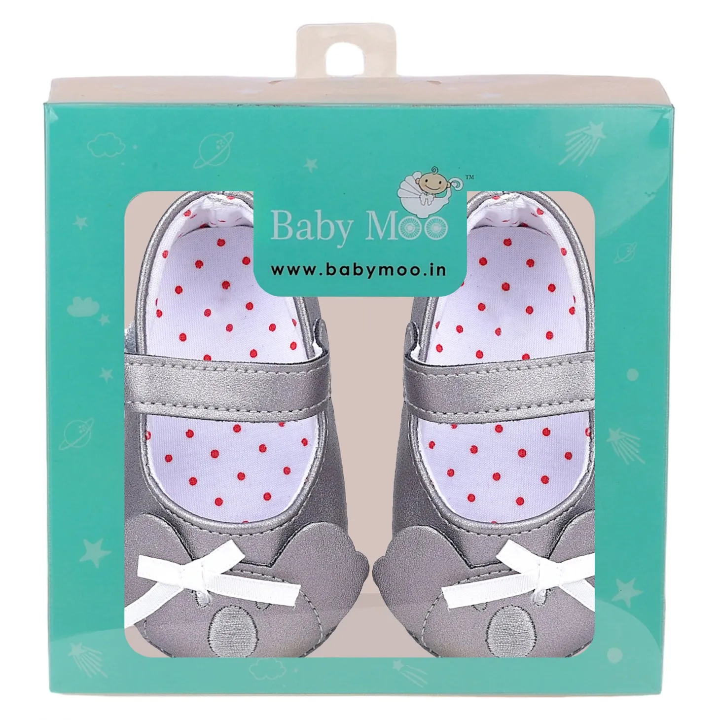 Baby Moo Koala Bow Applique Velcro Strap Anti-Skid Ballerina Booties - Grey