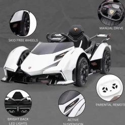 Baby Moo Lambo Ride-On Sports Car | 12V Kids Electric Toy Vehicle | Parental Remote Control | USB MP3 Player | Ages 1-6 - White