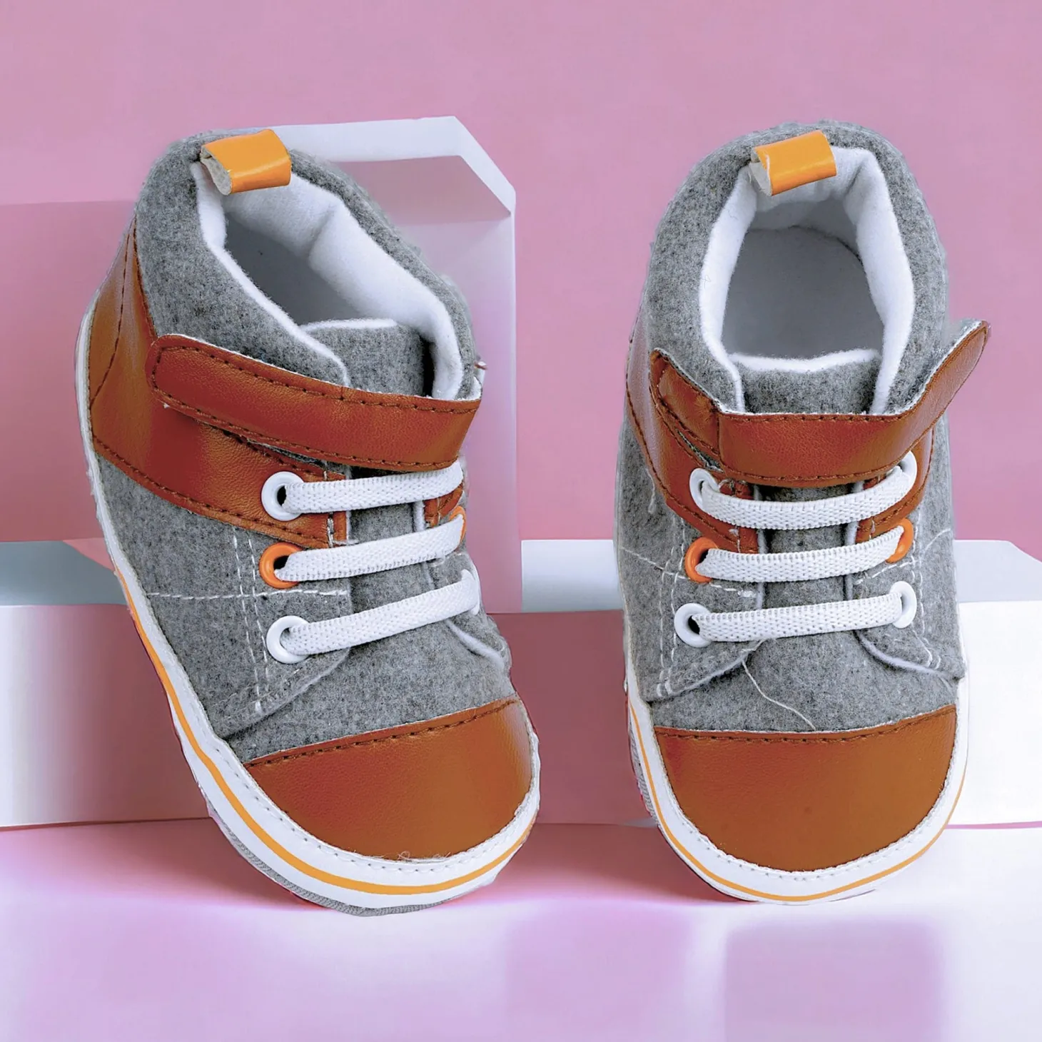 Baby Moo Leather Lace-Up Design Velcro Strap Anti-Skid Sneakers - Grey, Brown