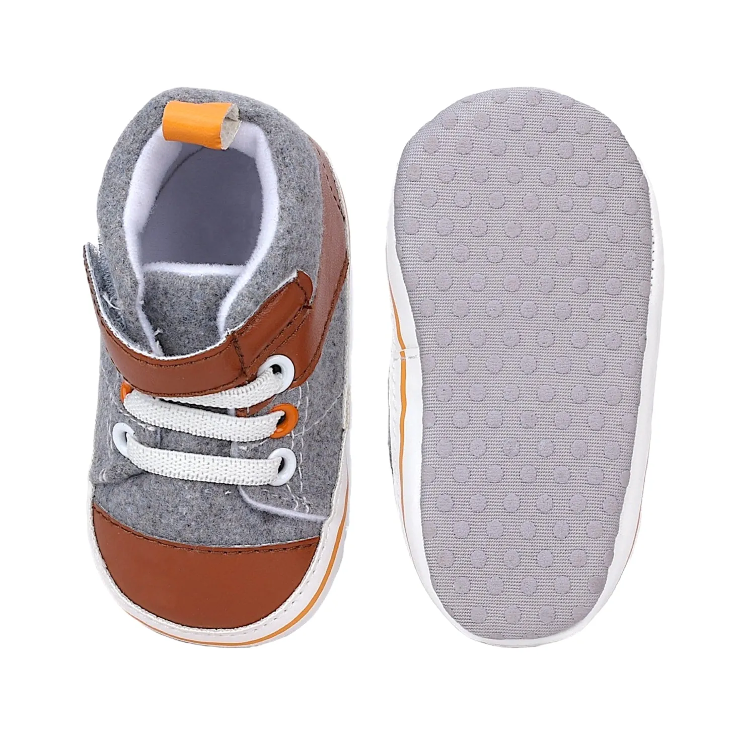 Baby Moo Leather Lace-Up Design Velcro Strap Anti-Skid Sneakers - Grey, Brown