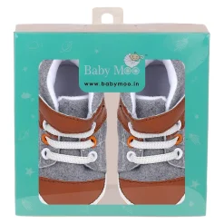 Baby Moo Leather Lace-Up Design Velcro Strap Anti-Skid Sneakers - Grey, Brown