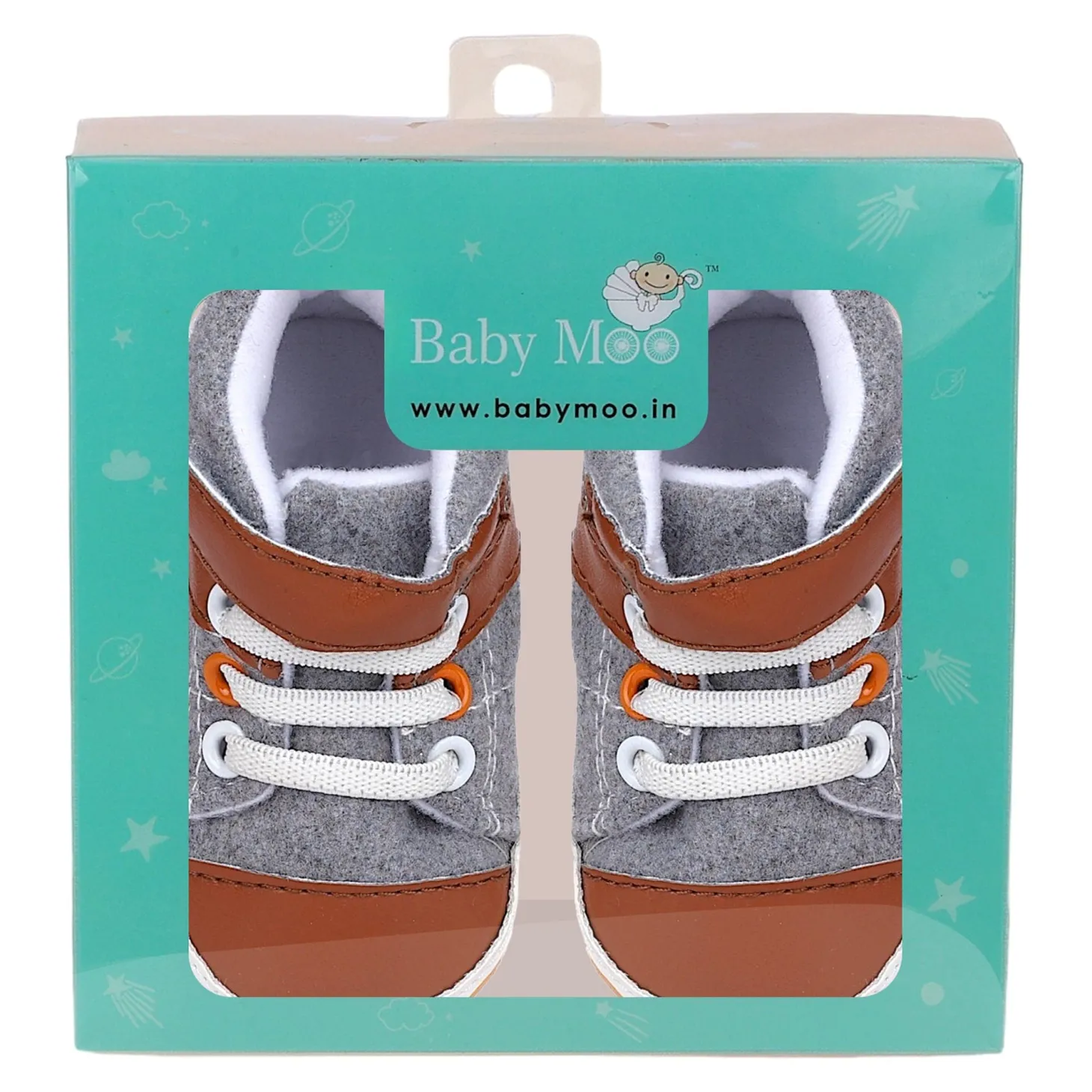 Baby Moo Leather Lace-Up Design Velcro Strap Anti-Skid Sneakers - Grey, Brown