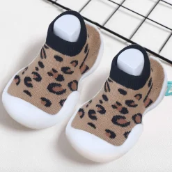 Baby Moo Leopard Print Rubber Comfortable Sole Slip-On Sock Shoes - Brown