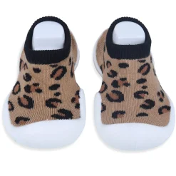 Baby Moo Leopard Print Rubber Comfortable Sole Slip-On Sock Shoes - Brown
