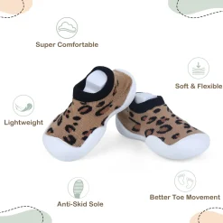 Baby Moo Leopard Print Rubber Comfortable Sole Slip-On Sock Shoes - Brown