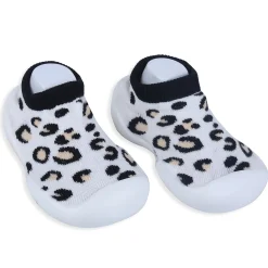 Baby Moo Leopard Print Rubber Comfortable Sole Slip-On Sock Shoes - White