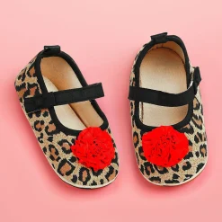Baby Moo Leopard Printed Rose Applique Anti-Skid Ballerina Booties - Beige