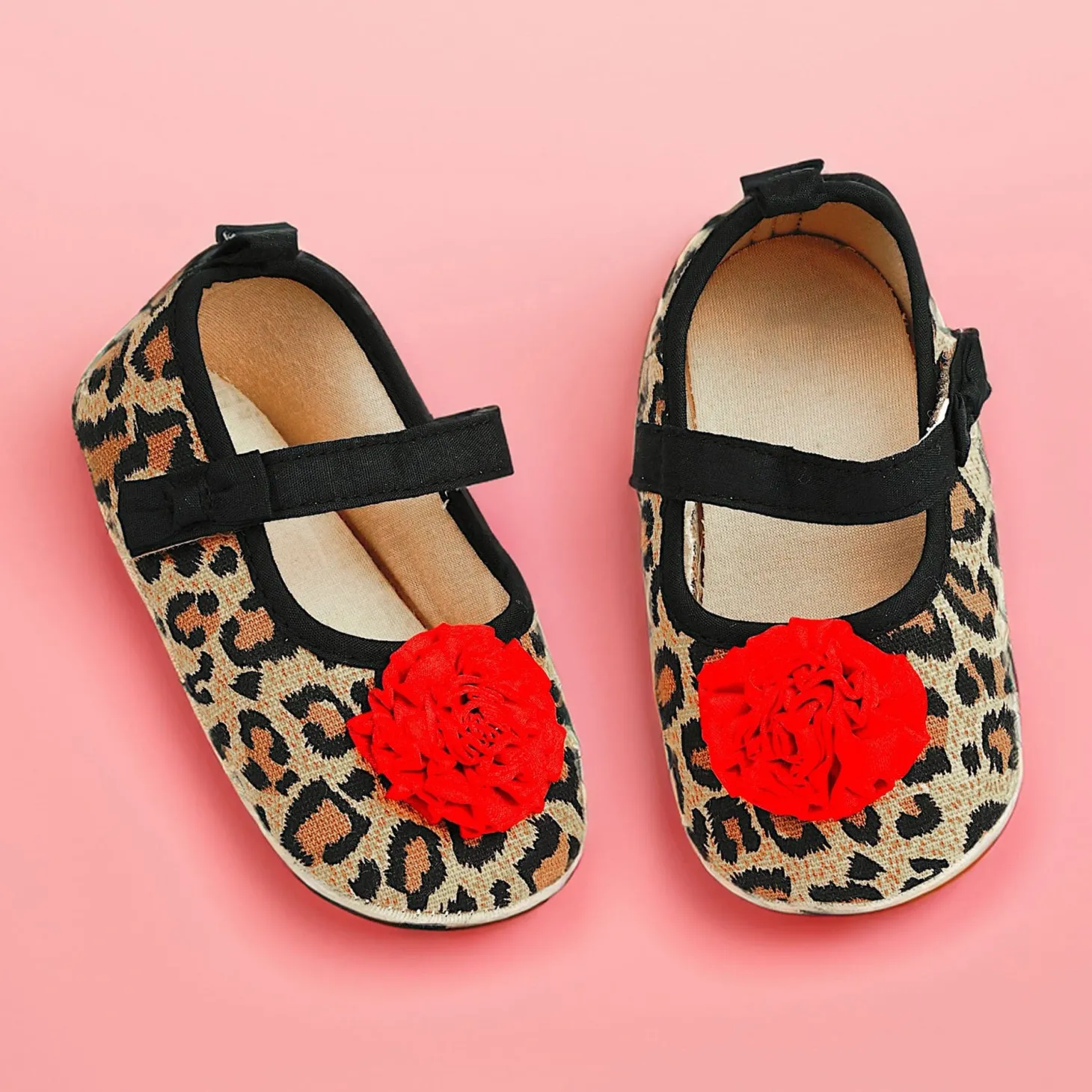 Baby Moo Leopard Printed Rose Applique Anti-Skid Ballerina Booties - Beige