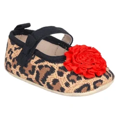 Baby Moo Leopard Printed Rose Applique Anti-Skid Ballerina Booties - Beige