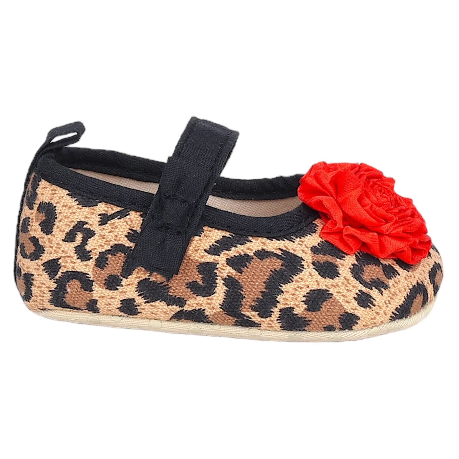 Baby Moo Leopard Printed Rose Applique Anti-Skid Ballerina Booties - Beige