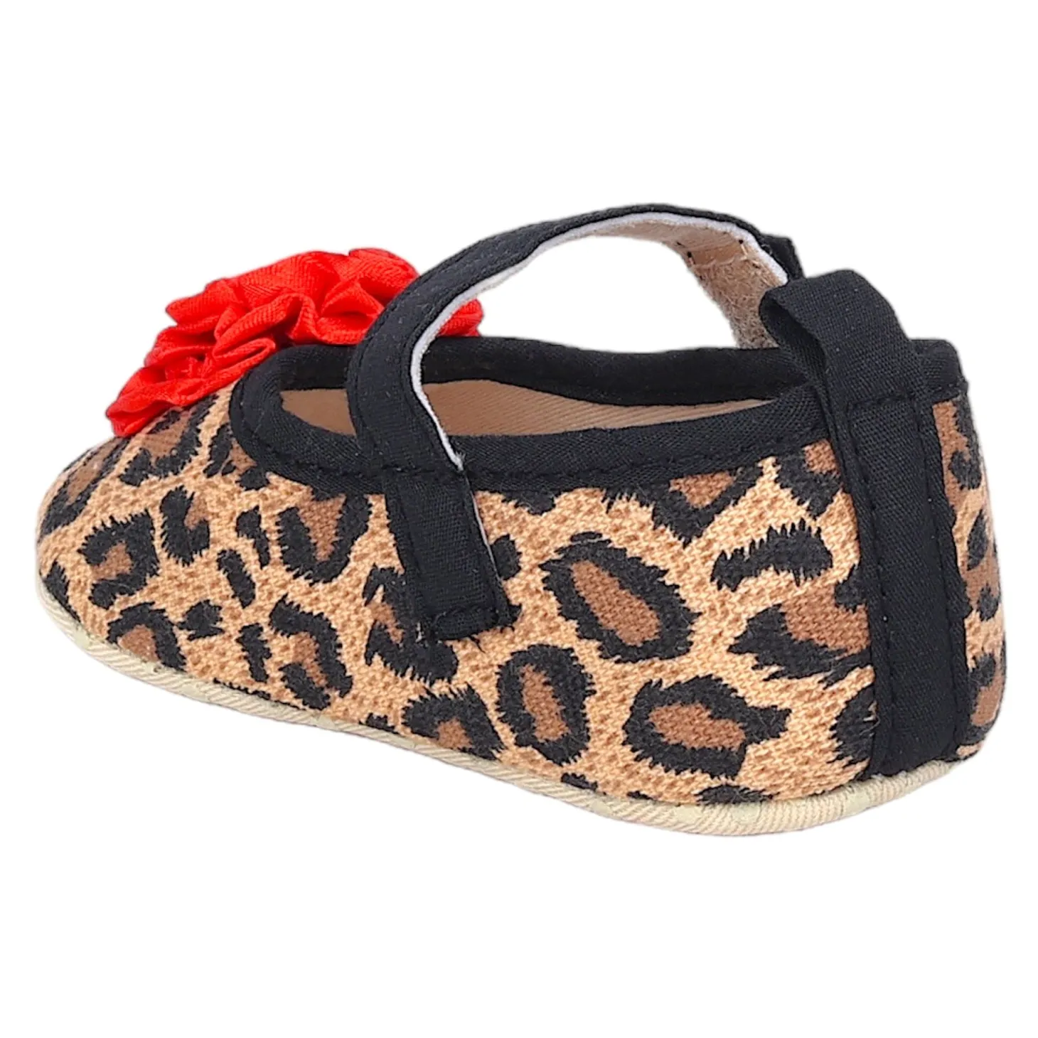Baby Moo Leopard Printed Rose Applique Anti-Skid Ballerina Booties - Beige