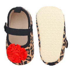 Baby Moo Leopard Printed Rose Applique Anti-Skid Ballerina Booties - Beige