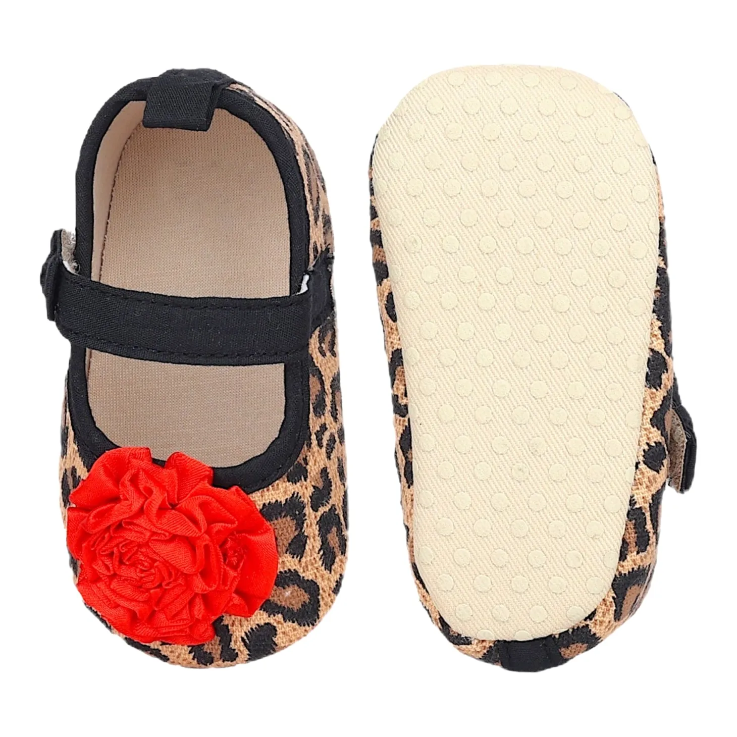 Baby Moo Leopard Printed Rose Applique Anti-Skid Ballerina Booties - Beige