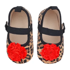 Baby Moo Leopard Printed Rose Applique Anti-Skid Ballerina Booties - Beige