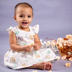Baby Moo Lion And Zebra Flutter Sleeves Muslin Dress - White