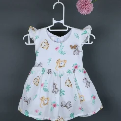 Baby Moo Lion And Zebra Flutter Sleeves Muslin Dress - White