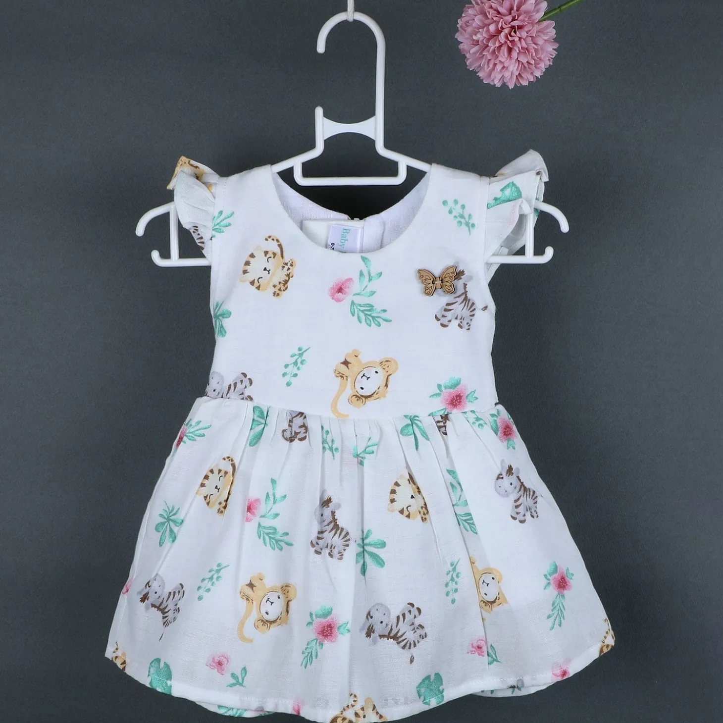 Baby Moo Lion And Zebra Flutter Sleeves Muslin Dress - White
