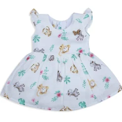 Baby Moo Lion And Zebra Flutter Sleeves Muslin Dress - White