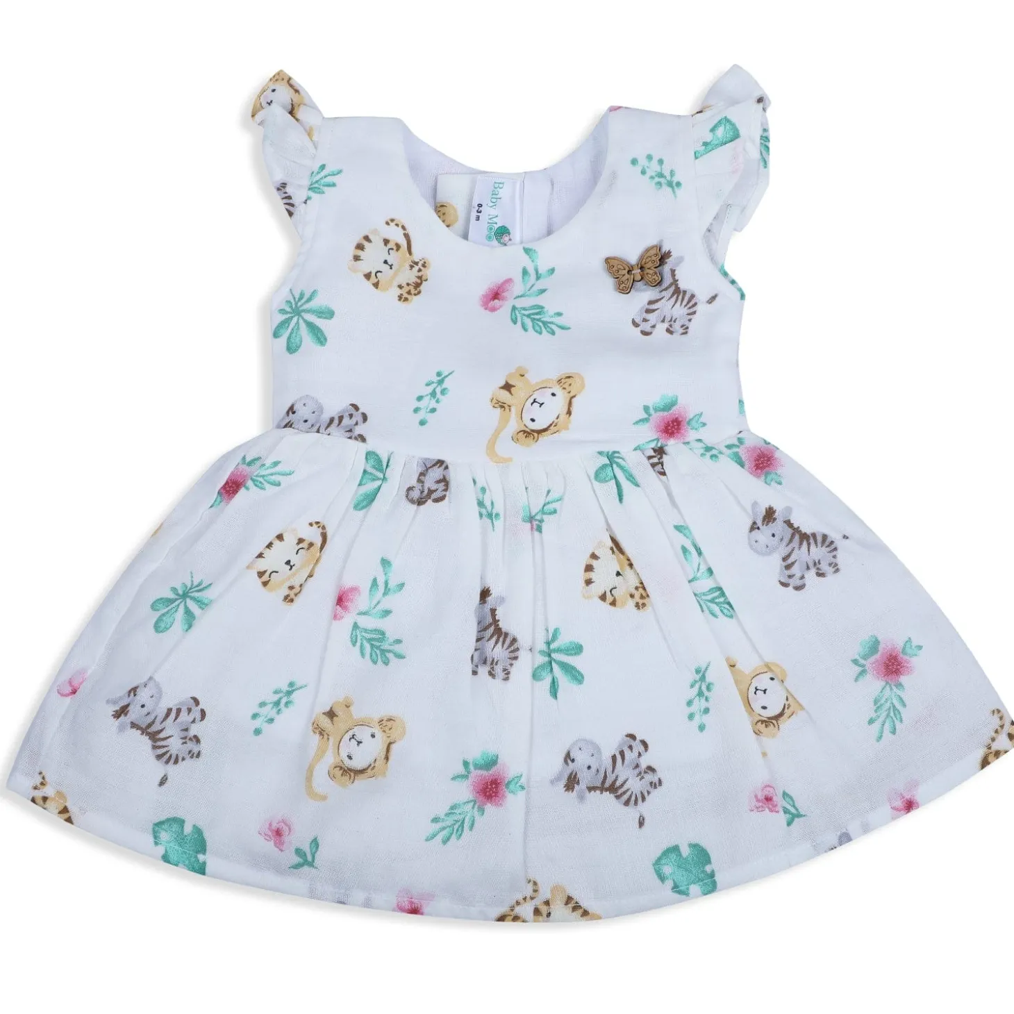 Baby Moo Lion And Zebra Flutter Sleeves Muslin Dress - White