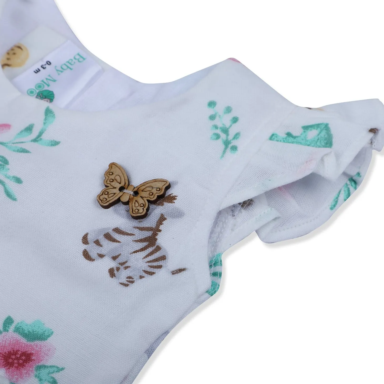 Baby Moo Lion And Zebra Flutter Sleeves Muslin Dress - White