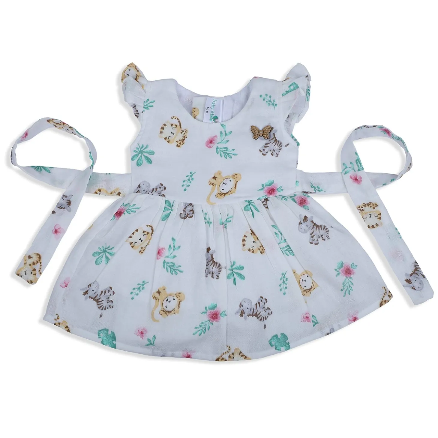 Baby Moo Lion And Zebra Flutter Sleeves Muslin Dress - White