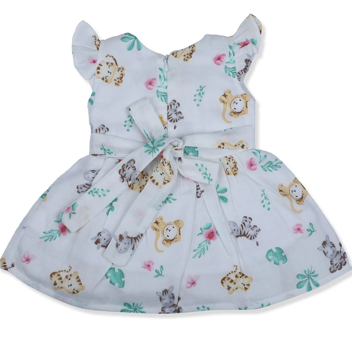 Baby Moo Lion And Zebra Flutter Sleeves Muslin Dress - White