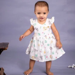 Baby Moo Lion And Zebra Flutter Sleeves Muslin Dress - White