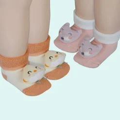 Baby Moo Little Chick 3D Rattle Anti-Skid Socks Booties Pack of 2 - Orange, Peach