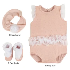 Baby Moo Little Frilly Princess Gift Set 3 Piece With Bodysuit, Socks And Headband - Peach
