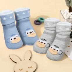 Baby Moo Little Monkey Cotton Anti-Skid 2 Pair Socks - Blue