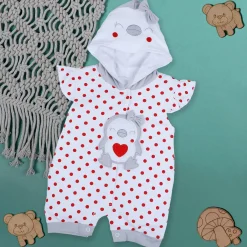 Baby Moo Little Penguin Embroidered Soft Cotton Girls Hooded Short Romper - Red