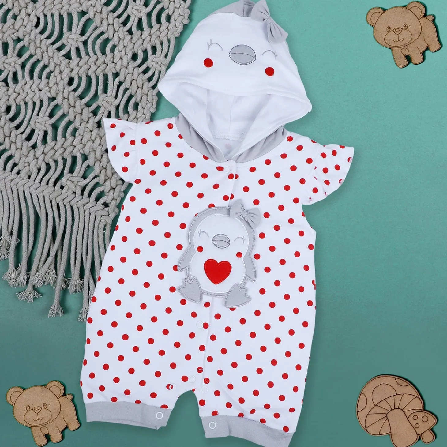 Baby Moo Little Penguin Embroidered Soft Cotton Girls Hooded Short Romper - Red